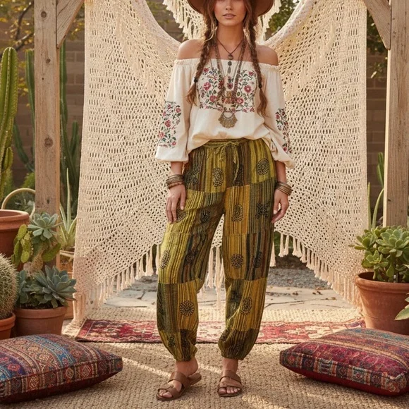 NEW CottonPatchwork Boho Harem Jogger Pants - Picture 13 of 13